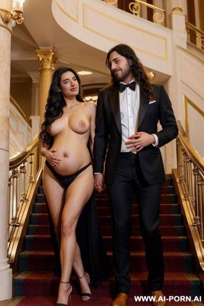 On the stairs inside a beautiful opera with gold railings and carpets. a woman and a man. a pregnant woman, only in red heels, completely naked, embraces a man. a man in an elegant suit, long tied hair . - ai-porn.ai on pornsimulated.com