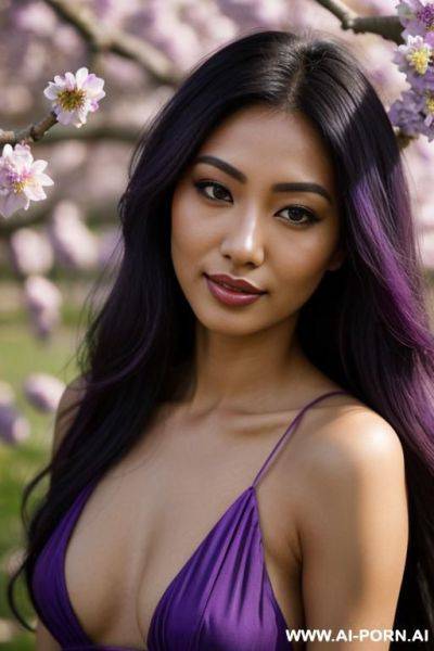 (highest quality) (visually pleasing) (se-ira sodesh-iro) medium closeup, her tanned body, detailed eyes, purple pupils, flowing hair, japanese, various hairstyles, cheerful cougar, slutty look, - ai-porn.ai - Japan on pornsimulated.com