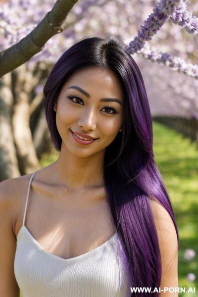 (highest quality) (visually pleasing) (se-ira sodesh-iro) medium closeup, her tanned body, purple eyes, purple pupils, flowing hair, japanese, various hairstyles, cheerful wife, heroic look, - ai-porn.ai - Japan on pornsimulated.com