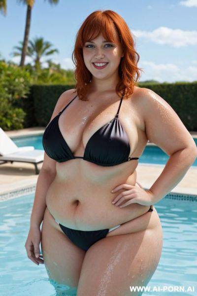 Full body photo shot, about a pool party, woman so chubby and so fat bbw, with tummy, wearing a sexy and micro print silk bikini, she is so wet and seductive - ai-porn.ai on pornsimulated.com