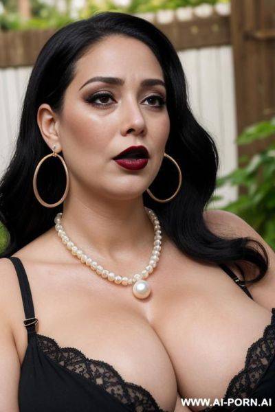 Massive tits, garden, heavy pearl necklace, bracelets, slutty, hourglass figure, dark lips, hoop earrings, much makeup, punky ,30 degree vr view - ai-porn.ai on pornsimulated.com