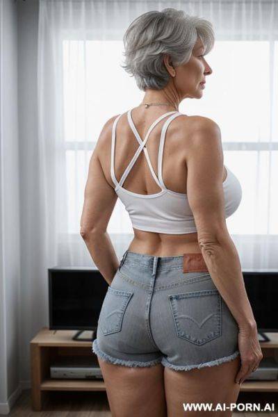 Back view, 0 year old white grandmother, short gray hair, lady, full body, standing, clearly visible age features, gray hair, triangular hips, thick thighs, big ass, wearing denim shorts, transparent white tank top, living room in front of the television - ai-porn.ai on pornsimulated.com