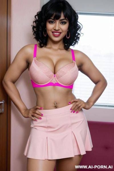 Indian, 30 years, black hair, short curly hair, bangs, pink bra, pink microskirt, navel piercing, thick body, flexing arm, laugh, looking at camera, standing, heels - ai-porn.ai - India on pornsimulated.com