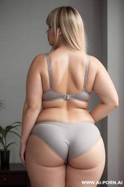 Back view, chubby woman, blonde hair with bangs, big breasts, triangle hips, thick thighs, wearing gray panties, taking off her bra and showing her bare breasts - ai-porn.ai on pornsimulated.com