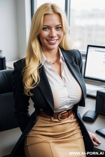 Massive enormous natural round boobs, office shirt, button up shirt, long formal coat, pencil skirt, belt, secretary uniform - ai-porn.ai on pornsimulated.com