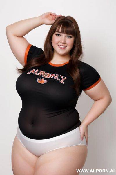 Full body photo shot, professional photo studio, chubby fat bbw cheerleader university, making a dance, with tummy and lovehandless. - ai-porn.ai on pornsimulated.com