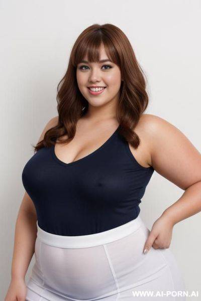 Full body photo shot, professional photo studio, chubby fat bbw cheerleader, making a choreography, with big tummy and lovehandless, she is wearing a uniform with blue´s and white´s colors - ai-porn.ai on pornsimulated.com