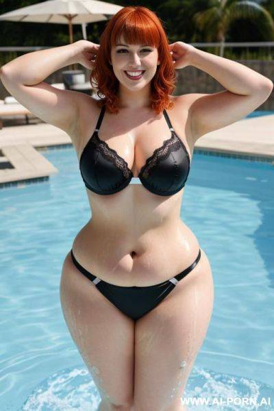 Full body photo shot, about a pool party, miss chubby fat bbw cheerleader, with tummy, wearing a sexy and hot stocking lingerie, she is jumping to the pool, she is so wet. - ai-porn.ai on pornsimulated.com