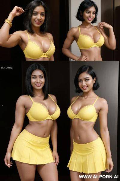 Indians, 20 years, black hair, short messy hair, muscular arms flexing, thick body, thick ass, yellow bra, yellow skirt, navel piercing, smile, looking at camera, heels, front view - ai-porn.ai - India on pornsimulated.com