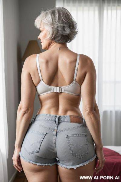 Back view, 0 years old white grandmother, short gray hair, lady, full body, standing, clearly visible age features, gray hair, triangular hips, thick thighs, big ass, wearing denim shorts, white bra, room in front on television - ai-porn.ai on pornsimulated.com