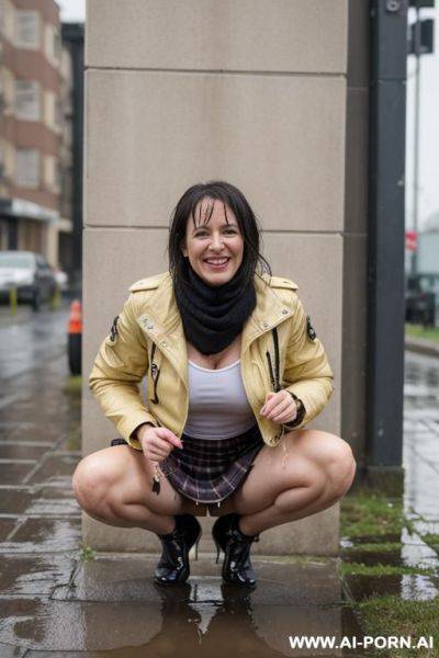 Tough, raddled, messed up, mature, short skirt, jacket, squatting, corner, open legs, large labia, dripping pee into puddle - ai-porn.ai on pornsimulated.com