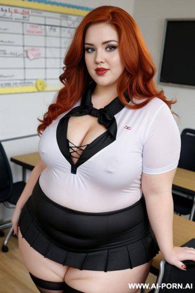 Full body photo shot, about at classroom, fat bbw curvy with love handless and tummy, she is dressed as a cheerleader, so sexy and hot stocking, heart-shaped face, - ai-porn.ai on pornsimulated.com