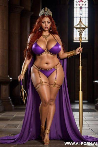 Voluptuous tanned sorceress queen with long red hair. very large saggy tits and long thick nipples. (oversized tits). medieval throne room. see-through purple bikini. gold earrings, necklace, - ai-porn.ai on pornsimulated.com