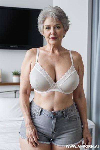 0 years old white grandmother, short gray hair, lady, full body, standing, clearly visible age features, gray hair, triangular hips, thick thighs, big ass, wearing denim shorts, white bra, room in front on television - ai-porn.ai on pornsimulated.com