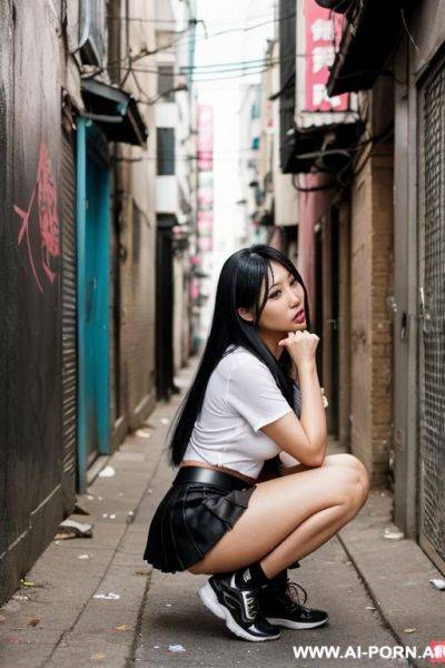 (rap hip hop woman) (trash alley) (short skirt) (squatting) - ai-porn.ai on pornsimulated.com