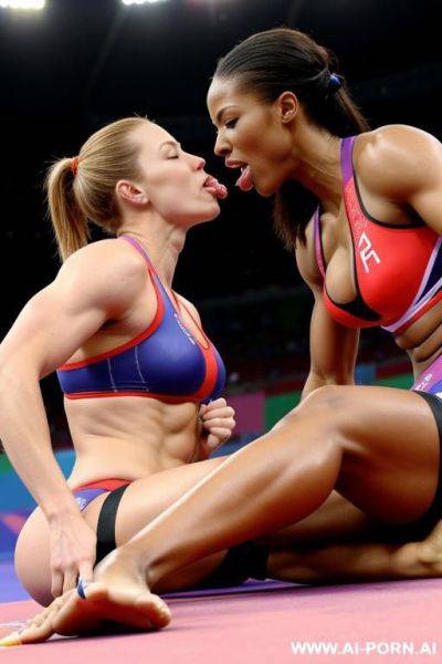 Olympic champion, woman, licking the feet of another athlete both woman licking each others foot - ai-porn.ai on pornsimulated.com