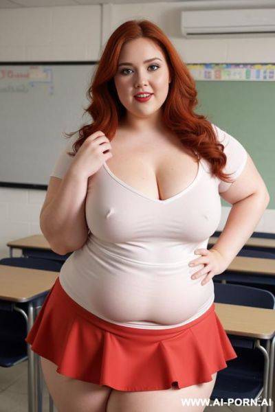 Full body photo shot, about at classroom, chubby fat bbw curvy teacher, wearing a sexy and hot micro red ruffle skirt and elegant micro summer top, speaking to the classroom. - ai-porn.ai on pornsimulated.com