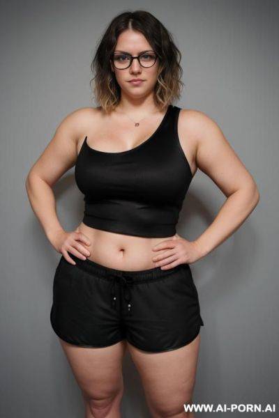 (((round face))), (((black sports shorts))), (((broad shoulders))), (((thick arms))), (((thick))), (((round glasses))), (((hands on hips))), (((smirking))) - ai-porn.ai on pornsimulated.com