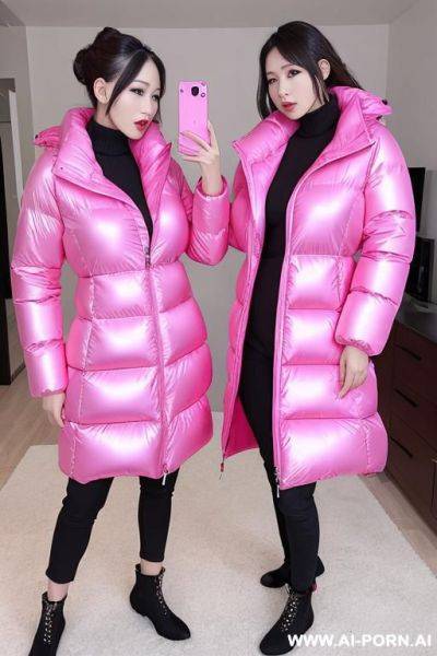 Two suburb moms sharing double ended dildo, wearing massive oversized puffer jackets - ai-porn.ai on pornsimulated.com