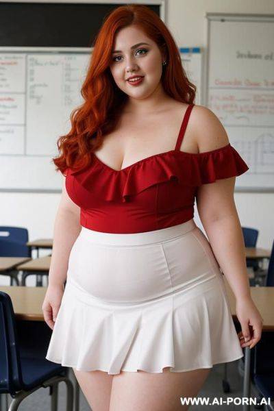 Full body photo shot, about at classroom, chubby fat bbw curvy teacher, wearing a sexy and hot micro red ruffle skirt and elegant micro summer top, speaking to the classroom. - ai-porn.ai on pornsimulated.com