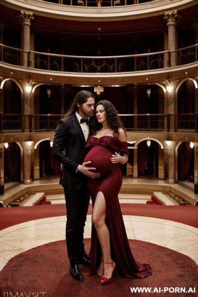 Inside a beautiful opera with carpets, full of elegant spectators. completely naked beautiful pregnant woman with italian beauty, in red high heels, black curls, breasts, hands and a man with long hair in an elegant suit feels her embraced - ai-porn.ai - Italy on pornsimulated.com