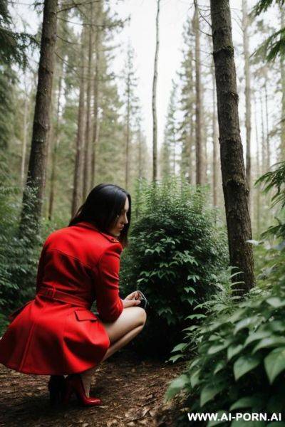 Elegant, italian, red coat, forest, plants, bushes, squatting, holding wipe - ai-porn.ai - Italy on pornsimulated.com