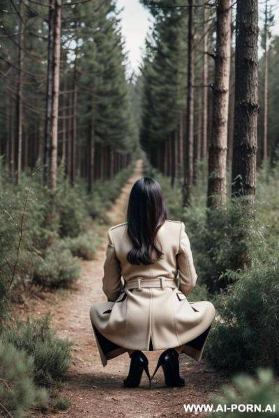 Elegant, italian, long coat, forest, behind scrub bushes, squatting, - ai-porn.ai - Italy on pornsimulated.com