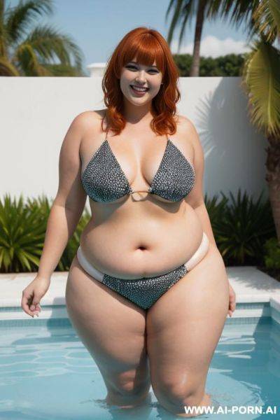 Full body photo shot, about a pool party, woman chubby fat bbw, with tummy, wearing a color sexy and micro print silk bikini. - ai-porn.ai on pornsimulated.com