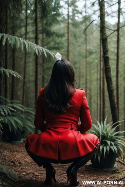 Elegant, italian, red coat, forest, plants, bushes, squatting, holding tissue - ai-porn.ai - Italy on pornsimulated.com