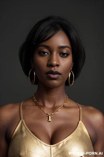 (((very dark skin))), black lipstick, masculine woman, , heavy eye make up, gold key necklace, gold necklace, gold earrings - ai-porn.ai on pornsimulated.com