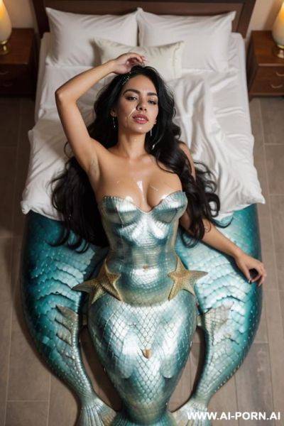 Mermaid laying on a bed, wide hips, tanned, long wavy hair, big boobs - ai-porn.ai on pornsimulated.com