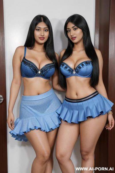 Indians, 20 years, black hair, tall straight hair, thick body, thick ass, blue bra, blue frilly skirt, navel piercing, kissing, blue heels, thick legs, tall, humping - ai-porn.ai - India on pornsimulated.com