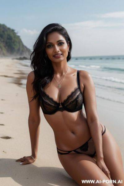 Indian milf with seducing face , big boobs nude ,big ass, black thongs , with waist anklet jwellery , high heels, in the beach - ai-porn.ai - India on pornsimulated.com