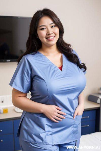 Really fat nurse, enormous breasts, comforting smile, soog aura, hospital, wearing scrubs, spread eagle, - ai-porn.ai on pornsimulated.com