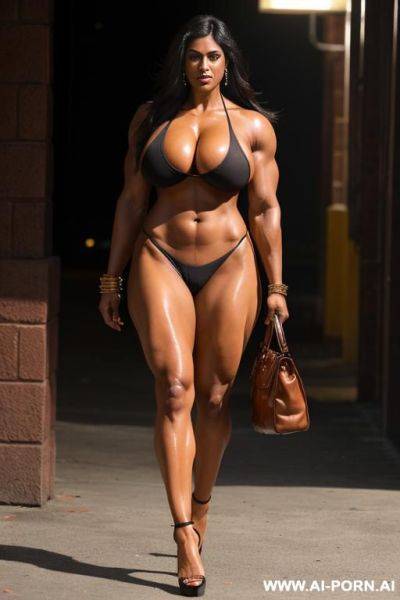 Ripped monstrous muscular indian with colossal boobs , monstrous muscles, tall, monstrous body, monstrous legs, dreanched in oil, walking wearing high heels, full body shot, sexy oiled massive boobs, - ai-porn.ai - India on pornsimulated.com