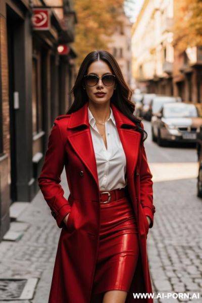 Elegant italian red coat sunglasses shirt forest - ai-porn.ai - Italy on pornsimulated.com