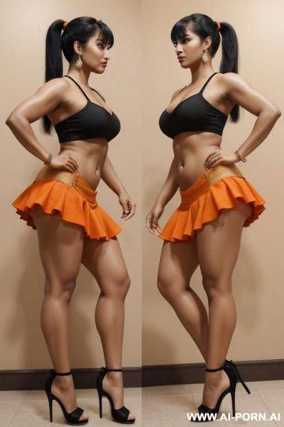 Indians, 20 years, black hair, short ponytail, bangs, abs, orange vra, orange frilly skirt, navel piercing, tall, thick ass, thick thighs, heels, side view, muscular arms - ai-porn.ai - India on pornsimulated.com