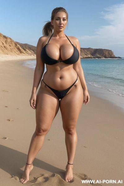 Massive tits, massive ass, big hips, big waist, micro bikini suit, two woman, more big boobs, beautiful woman, no bra, more big hips, full body picture, ponytail hair, more thick, more big ass, mature woman - ai-porn.ai on pornsimulated.com