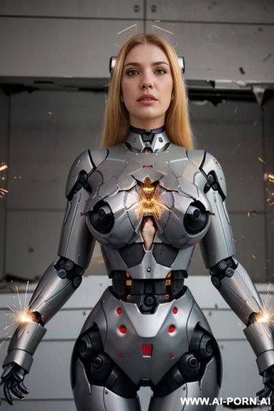 Two busty blonde robots fighting, (sparks from robotic parts inside damaged torso:1.3) - ai-porn.ai on pornsimulated.com