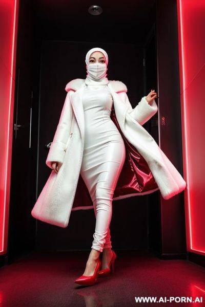 Sexy hijab woman wearing a white mask, wearing hijab fur long coat, wearing sexy high heels shoes, in red devil light flashing room, in wet dream cursed nightmare - ai-porn.ai on pornsimulated.com