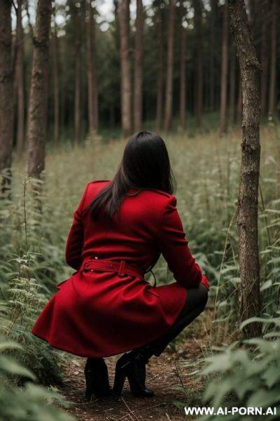 Elegant, italian, red long coat, forest, weeds, bushes, squatting, - ai-porn.ai - Italy on pornsimulated.com