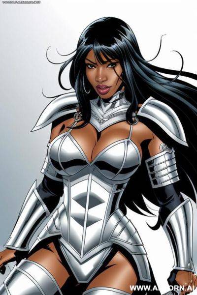 (((cartoon comics art))), ((high fantasy)), ((black woman)), wearing white metal armor, resting on sword - ai-porn.ai on pornsimulated.com