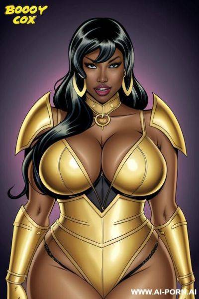 (((cartoon comics art))), ((high fantasy)), black woman, bbw, wearing golden armor, boobs out - ai-porn.ai on pornsimulated.com