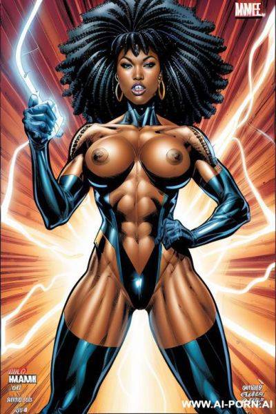 (((comics art))), black woman, tall, fit amazon woman, super hero, nude, electricity powers - ai-porn.ai on pornsimulated.com