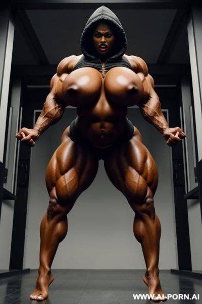 Ripped monstrous muscular indian giantess with colossal boobs wearing tight hoodie, monstrous muscles, giant tall, monstrous body, monstrous legs, - ai-porn.ai - India on pornsimulated.com