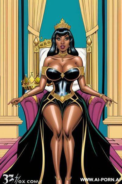 (((cartoon comics art))), ((high fantasy)), ((black woman)), queen, with crown, long flowing dress, palace background, sitting on throne - ai-porn.ai on pornsimulated.com