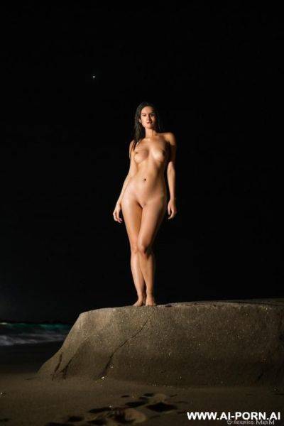 Beach, night, totally naked, barefoot, stand on ledge, spread wide, low angle shot - ai-porn.ai on pornsimulated.com