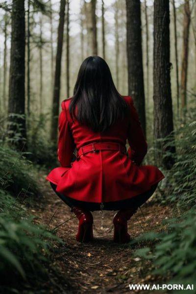 Elegant, italian, red coat, forest, weeds, bushes, squatting, pussy dripping - ai-porn.ai - Italy on pornsimulated.com