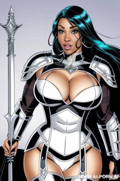 (((cartoon comics art))), ((high fantasy)), ((black woman)), ssbbw, wearing white metal armor, resting on sword - ai-porn.ai on pornsimulated.com