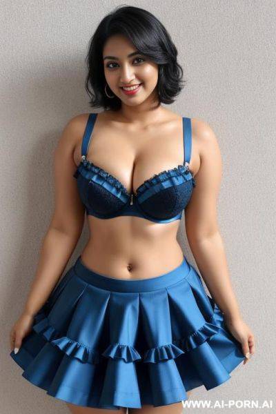 Indians, 20 years, black hair, short messy hair, thick body, thick ass, blue bra, blue frilly skirt, navel piercing, smile, looking at camera, heels, thick legs - ai-porn.ai - India on pornsimulated.com